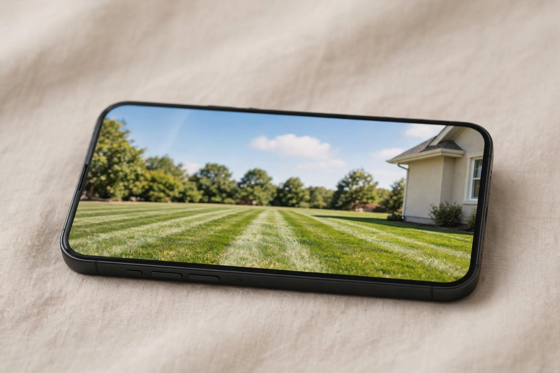 Phone showing a freshly cut lawn